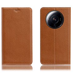 Leather Case Stands Flip Cover Holder H02P for Xiaomi Mi 12 Ultra 5G Light Brown