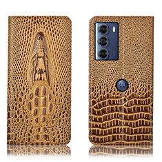 Leather Case Stands Flip Cover Holder H03P for Motorola Moto G200 5G Brown