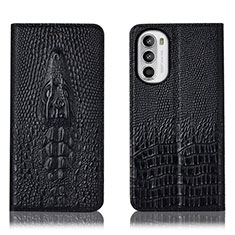 Leather Case Stands Flip Cover Holder H03P for Motorola MOTO G52 Black