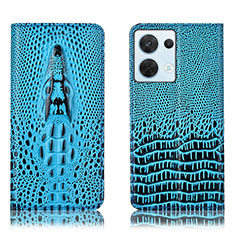Leather Case Stands Flip Cover Holder H03P for Oppo Reno9 5G Sky Blue