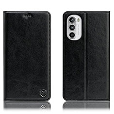 Leather Case Stands Flip Cover Holder H04P for Motorola Moto Edge (2022) 5G Black
