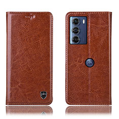 Leather Case Stands Flip Cover Holder H04P for Motorola Moto G200 5G Light Brown