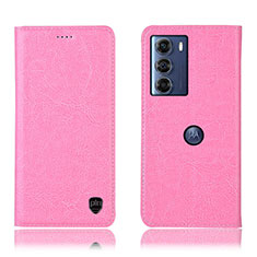 Leather Case Stands Flip Cover Holder H04P for Motorola Moto G200 5G Pink