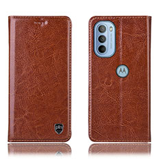 Leather Case Stands Flip Cover Holder H04P for Motorola Moto G31 Light Brown