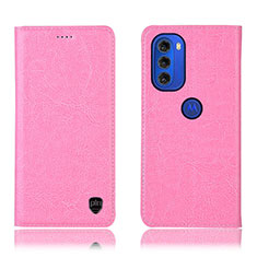 Leather Case Stands Flip Cover Holder H04P for Motorola Moto G51 5G Pink