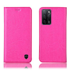 Leather Case Stands Flip Cover Holder H04P for Oppo A53s 5G Hot Pink