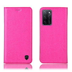 Leather Case Stands Flip Cover Holder H04P for Oppo A55S 5G Hot Pink