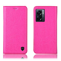 Leather Case Stands Flip Cover Holder H04P for Oppo A56S 5G Hot Pink