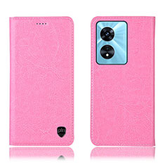 Leather Case Stands Flip Cover Holder H04P for Oppo A58 5G Pink