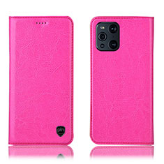 Leather Case Stands Flip Cover Holder H04P for Oppo Find X3 5G Hot Pink