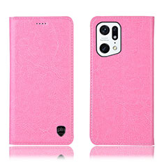 Leather Case Stands Flip Cover Holder H04P for Oppo Find X5 Pro 5G Pink