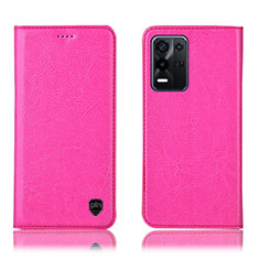 Leather Case Stands Flip Cover Holder H04P for Oppo K9X 5G Hot Pink