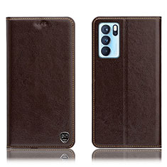 Leather Case Stands Flip Cover Holder H04P for Oppo Reno6 Pro 5G India Brown