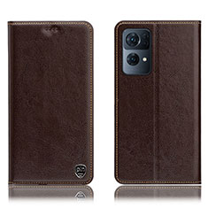 Leather Case Stands Flip Cover Holder H04P for Oppo Reno7 Pro 5G Brown