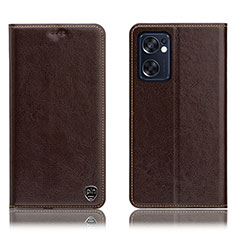 Leather Case Stands Flip Cover Holder H04P for Oppo Reno7 SE 5G Brown