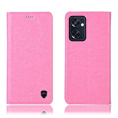Leather Case Stands Flip Cover Holder H04P for Oppo Reno7 SE 5G Pink