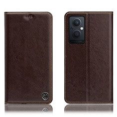 Leather Case Stands Flip Cover Holder H04P for Oppo Reno8 Lite 5G Brown