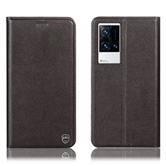 Leather Case Stands Flip Cover Holder H04P for Vivo iQOO 8 5G Brown