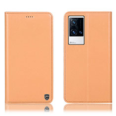 Leather Case Stands Flip Cover Holder H04P for Vivo iQOO 8 5G Orange