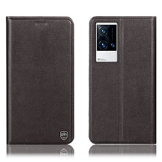 Leather Case Stands Flip Cover Holder H04P for Vivo iQOO 8 Pro 5G Brown