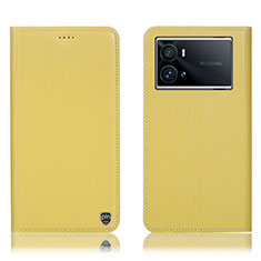 Leather Case Stands Flip Cover Holder H04P for Vivo iQOO 9 5G Yellow