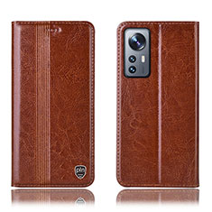 Leather Case Stands Flip Cover Holder H04P for Xiaomi Mi 12 5G Light Brown