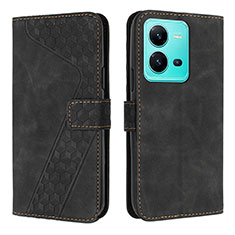 Leather Case Stands Flip Cover Holder H04X for Vivo V25 5G Black