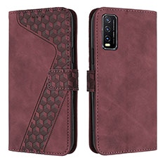 Leather Case Stands Flip Cover Holder H04X for Vivo Y12s Red Wine