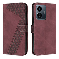 Leather Case Stands Flip Cover Holder H04X for Vivo Y77e 5G Red Wine