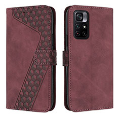 Leather Case Stands Flip Cover Holder H04X for Xiaomi Poco M4 Pro 5G Red Wine
