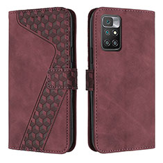Leather Case Stands Flip Cover Holder H04X for Xiaomi Redmi 10 4G Red Wine