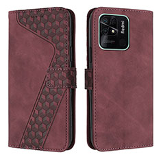 Leather Case Stands Flip Cover Holder H04X for Xiaomi Redmi 10 Power Red Wine