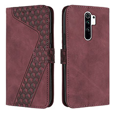 Leather Case Stands Flip Cover Holder H04X for Xiaomi Redmi 9 Prime India Red Wine
