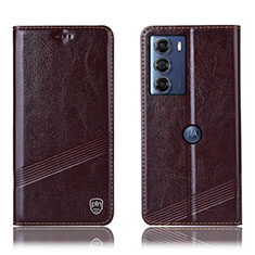 Leather Case Stands Flip Cover Holder H05P for Motorola Moto G200 5G Brown