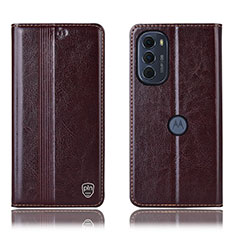 Leather Case Stands Flip Cover Holder H05P for Motorola MOTO G52 Brown