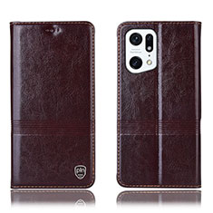 Leather Case Stands Flip Cover Holder H05P for Oppo Find X5 Pro 5G Brown