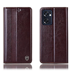 Leather Case Stands Flip Cover Holder H05P for Oppo Reno7 SE 5G Brown