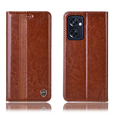 Leather Case Stands Flip Cover Holder H05P for Oppo Reno7 SE 5G Light Brown