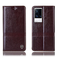 Leather Case Stands Flip Cover Holder H05P for Vivo iQOO 8 5G Brown