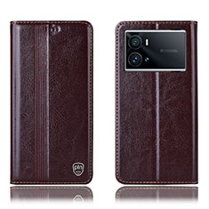 Leather Case Stands Flip Cover Holder H05P for Vivo iQOO 9 5G Brown