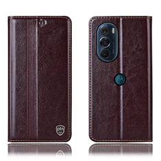 Leather Case Stands Flip Cover Holder H06P for Motorola Moto Edge Plus (2022) 5G Brown