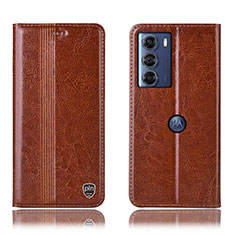 Leather Case Stands Flip Cover Holder H06P for Motorola Moto G200 5G Light Brown