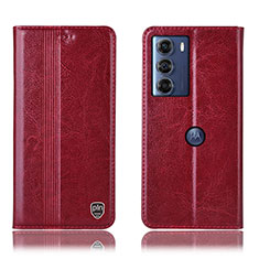 Leather Case Stands Flip Cover Holder H06P for Motorola Moto G200 5G Red