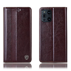 Leather Case Stands Flip Cover Holder H06P for Oppo Find X3 5G Brown