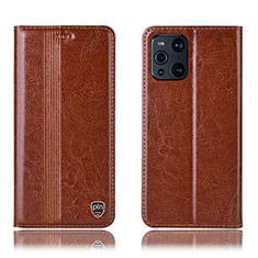 Leather Case Stands Flip Cover Holder H06P for Oppo Find X3 5G Light Brown