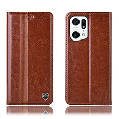Leather Case Stands Flip Cover Holder H06P for Oppo Find X5 5G Light Brown