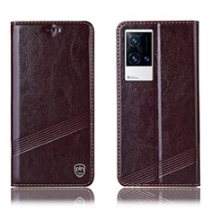 Leather Case Stands Flip Cover Holder H06P for Vivo iQOO 8 Pro 5G Brown