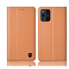 Leather Case Stands Flip Cover Holder H07P for Oppo Find X3 5G Orange
