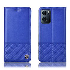 Leather Case Stands Flip Cover Holder H07P for Oppo Reno7 5G Blue