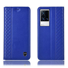 Leather Case Stands Flip Cover Holder H07P for Vivo iQOO 8 5G Blue